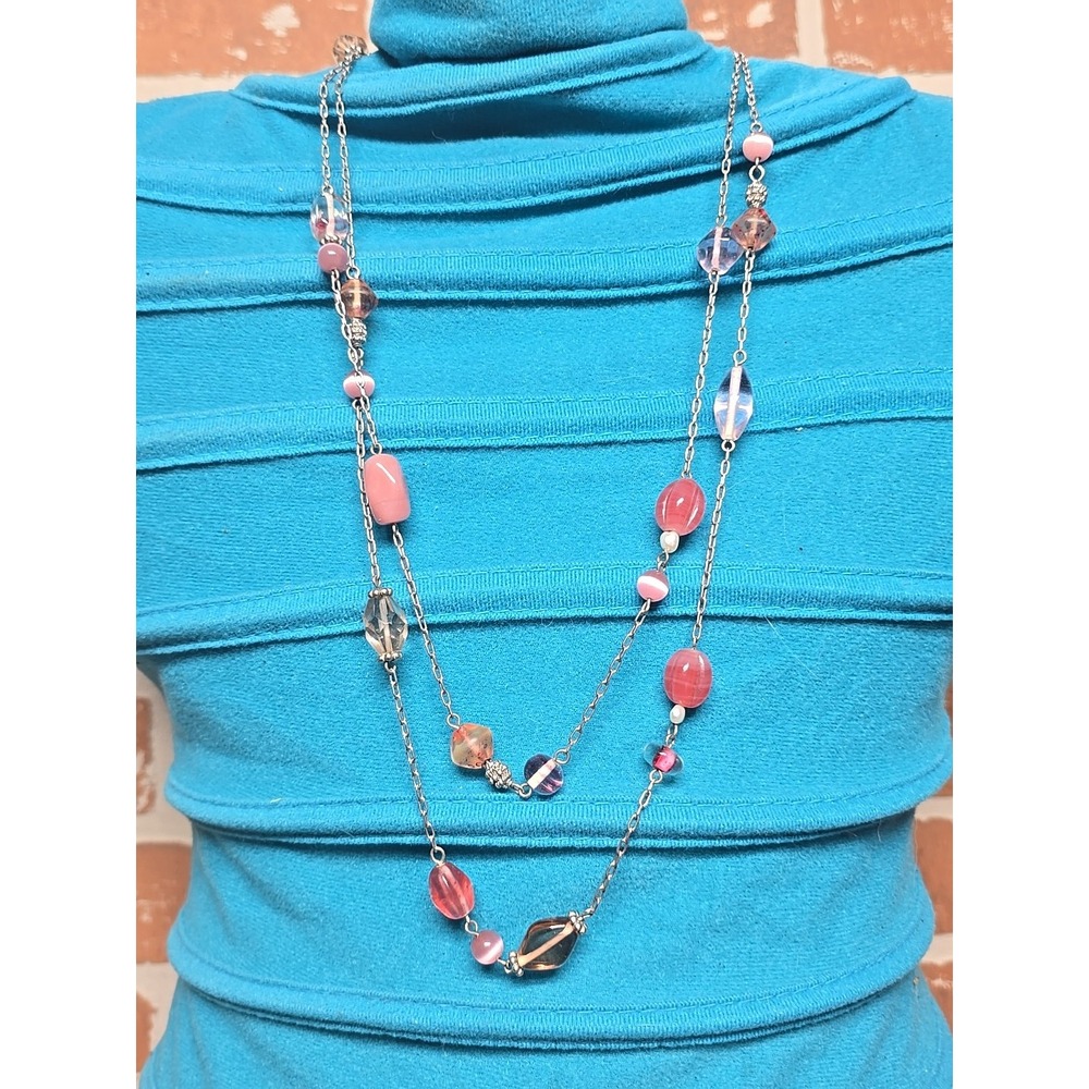 Lia Sophia single Strand Geometric Statement 50 inch Necklace Pink Silver